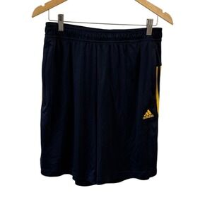 Adidas Mens Athletic Shorts Navy Blue Yellow Striped Large Activewear Pockets